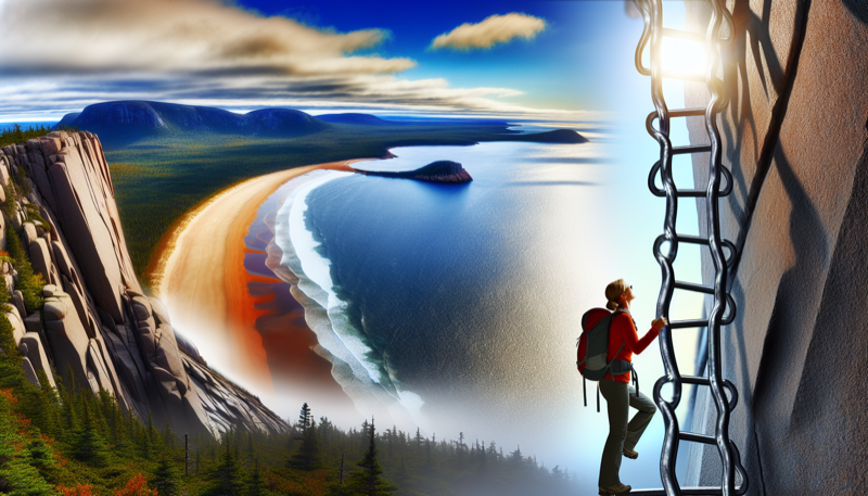 The Beehive Trail iron rungs overlooking Sand Beach, Acadia