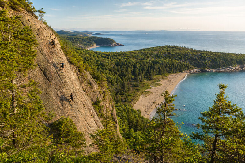 The Beehive Trail iron rungs overlooking Sand Beach, Acadia