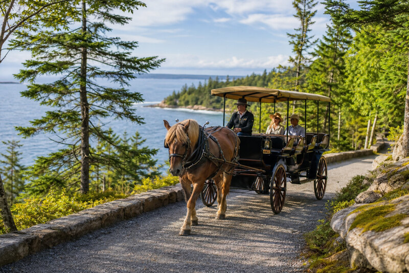 Horse-drawn carriage on Acadia National Park carriage roads