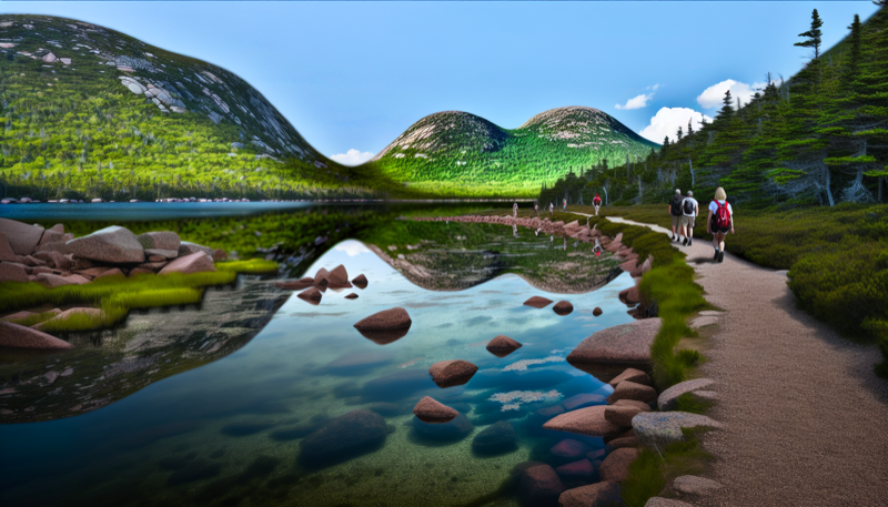Jordan Pond trail with The Bubbles mountains reflected in water