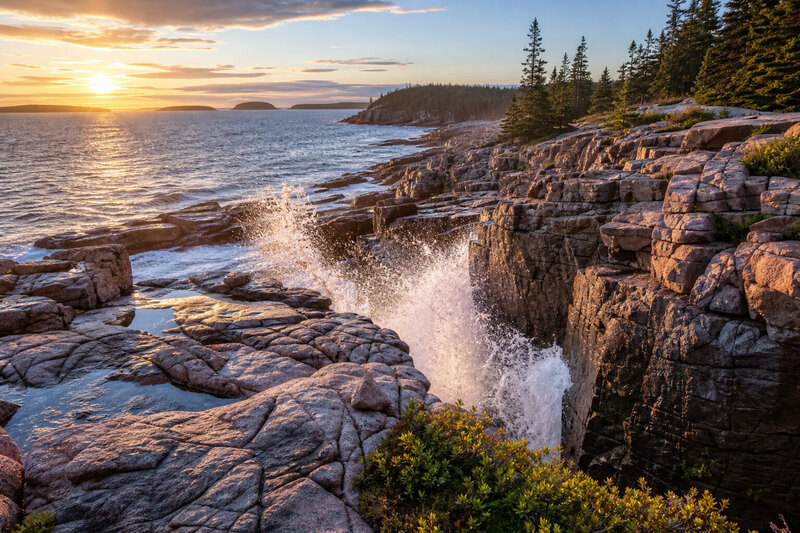 Thunder Hole sea cave with waves crashing, Acadia National Park