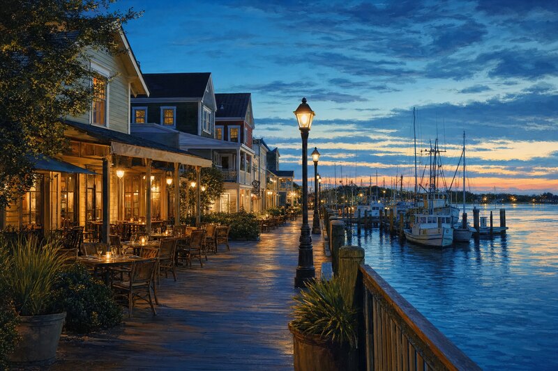 Outdoor tables beside the Beaufort waterfront and sailboat masts