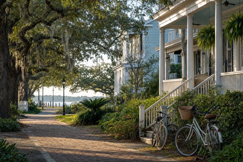 Bicycles and porches along a tree-lined Beaufort lodging district street