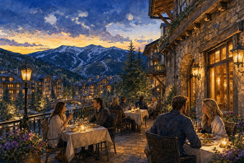 Contextual alpine village dinner terrace at dusk