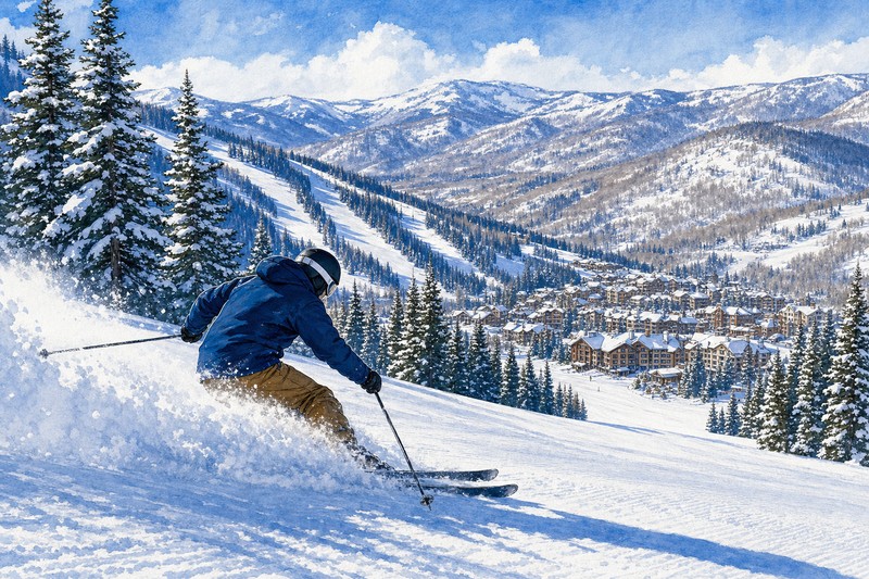 Contextual skier making a controlled powder turn above Beaver Creek