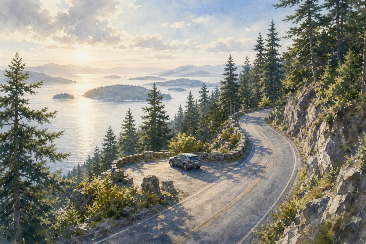 Chuckanut Drive viewpoint above Samish Bay with a safe pullout and forest road