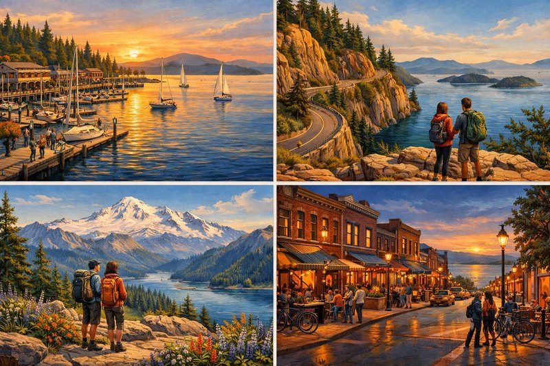 Illustrated scenic road above the Salish Sea near Bellingham