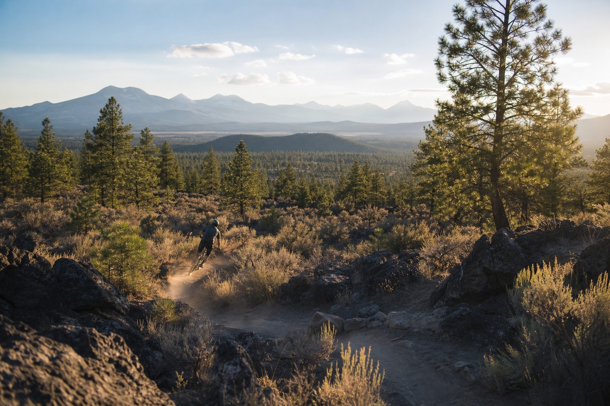 Mountain biker following a singletrack trail through Bend ponderosa forest
