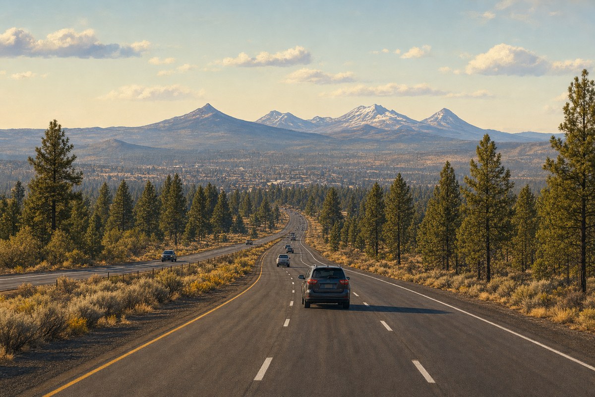 High-desert road approaching Bend and the Cascade Mountains