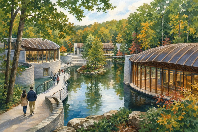 Gouache illustration of Crystal Bridges in the Bentonville forest