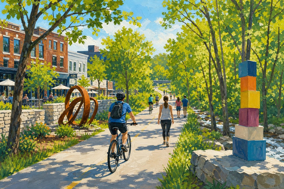 Gouache illustration of the Razorback Greenway in Bentonville