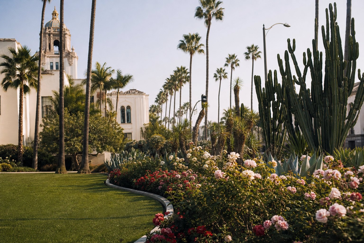 Beverly Hills civic gardens and palms at the northern edge of the Golden Triangle