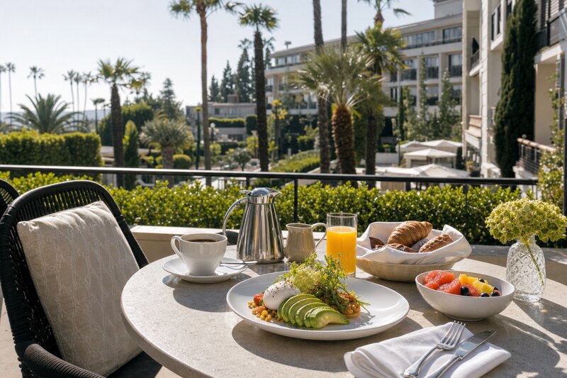 Breakfast table on a hotel garden terrace