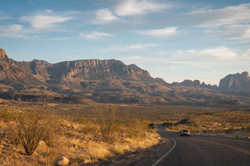 Contextual two-lane road approaching Big Bend country