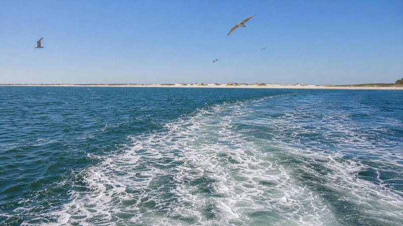 Ferry wake toward barrier islands near Biloxi
