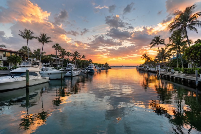 Boca Raton inlet and marina at sunset