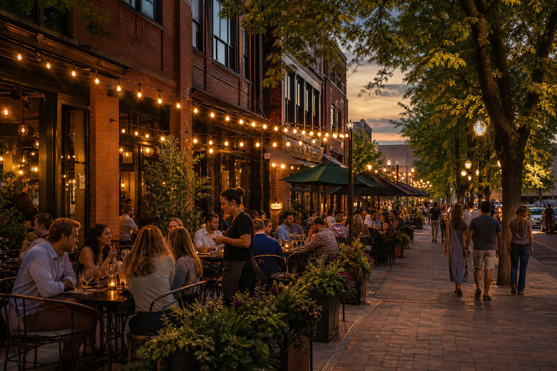 Patios and evening light along downtown Boise's 8th Street