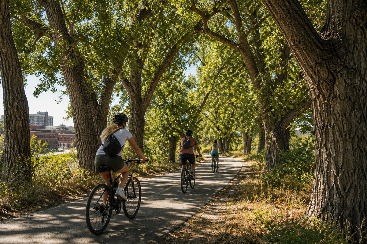 Cyclists sharing the Boise River Greenbelt beneath cottonwoods