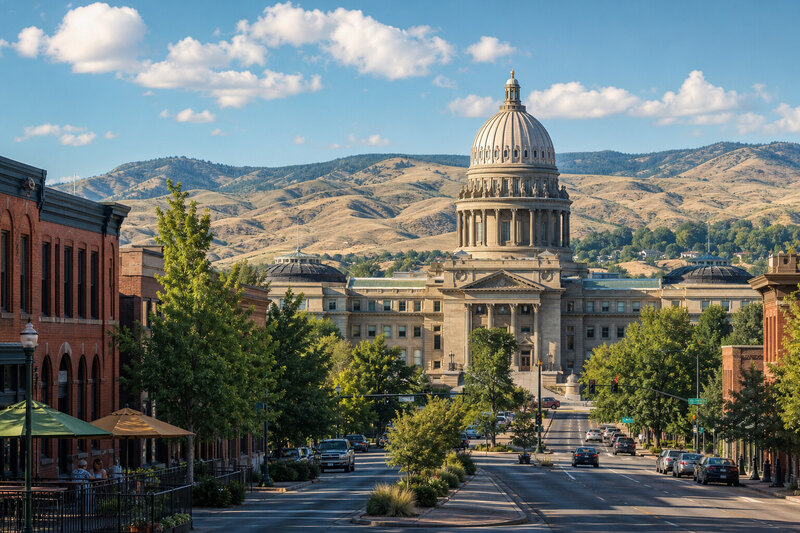 Idaho State Capitol at the end of a downtown Boise street
