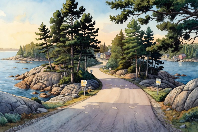 Ink watercolor coastal road approaching Boothbay Harbor