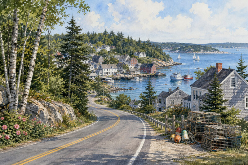 Ink watercolor coastal road approaching Boothbay Harbor