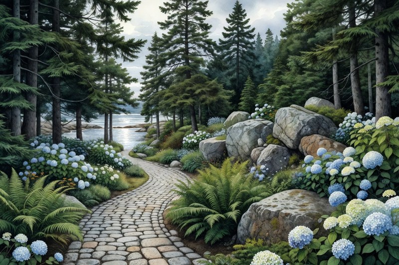 Ink watercolor coastal garden path near Boothbay