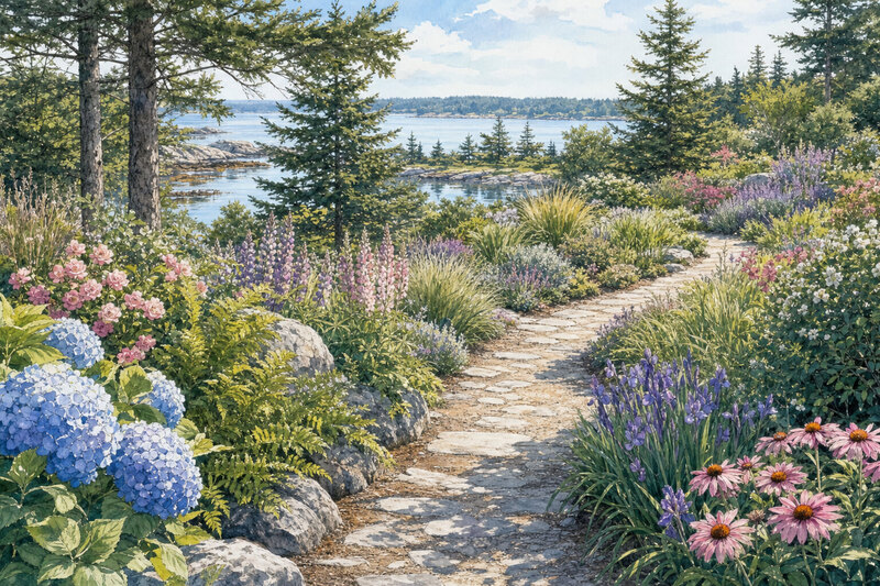 Ink watercolor coastal botanical garden near Boothbay