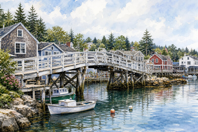 Ink watercolor Boothbay footbridge and harbor village