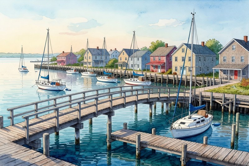 Ink watercolor Boothbay footbridge and harbor village