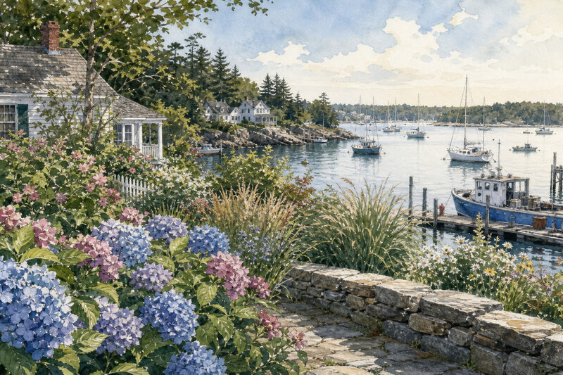 Watercolor garden path above Boothbay Harbor, with native flowers, evergreen edges, and water beyond the trees