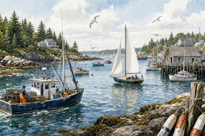 Watercolor Boothbay Harbor boat-day scene with footbridge, working wharf, tour boat, and lighthouse