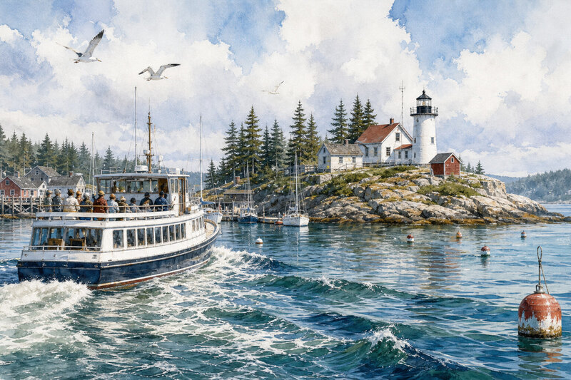 Ink watercolor Boothbay lighthouse boat tour