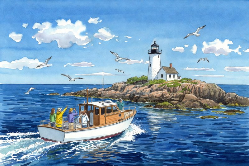 Ink watercolor lighthouse and boat tour near Boothbay Harbor