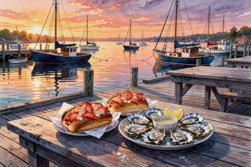 Ink watercolor Boothbay seafood dinner on a wharf