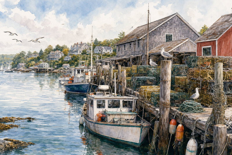Ink watercolor Boothbay seafood dinner on a wharf