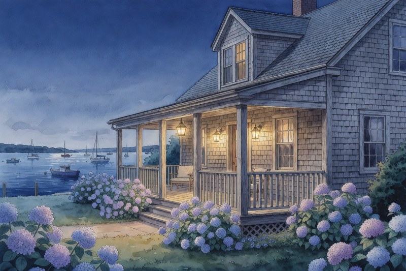 Ink watercolor Boothbay waterfront inn at blue hour
