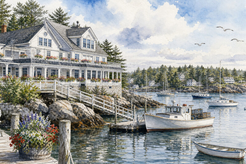 Ink watercolor Boothbay Harbor waterfront inn