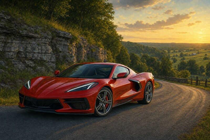 A red American sports car on a Kentucky road near Bowling Green