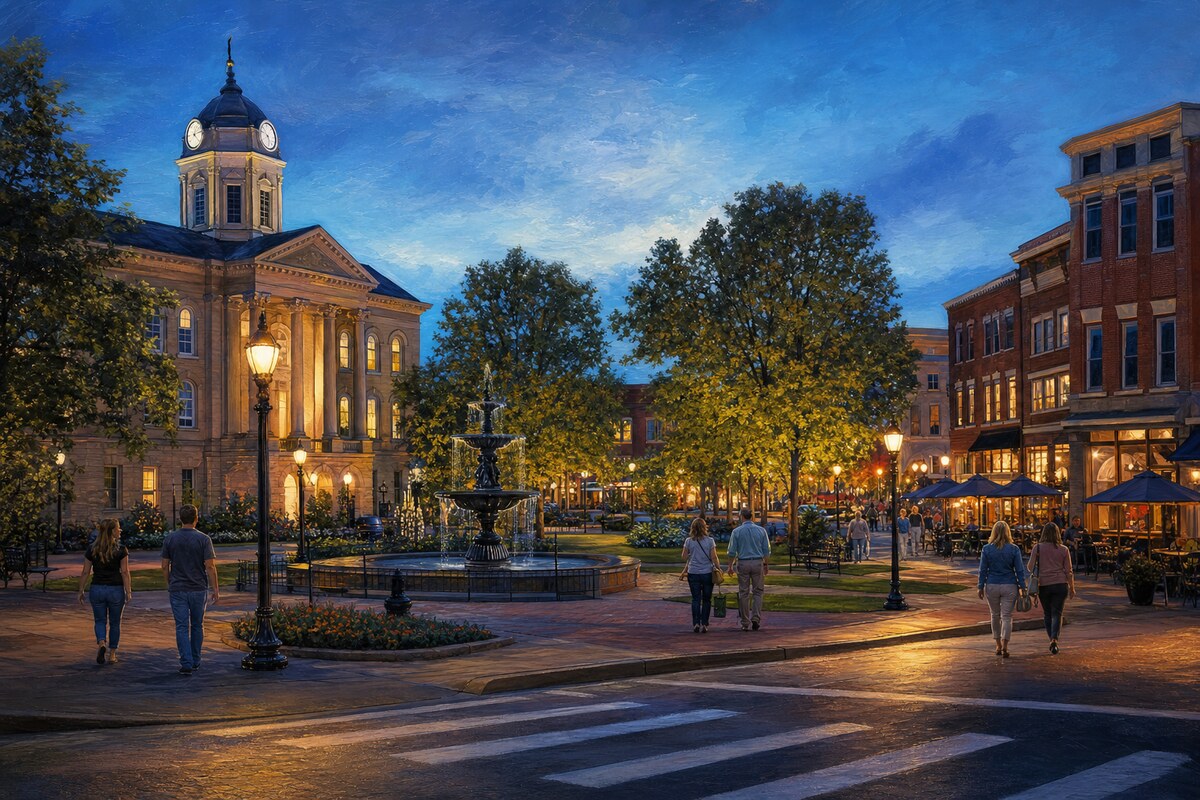 Fountain Square and downtown Bowling Green at evening