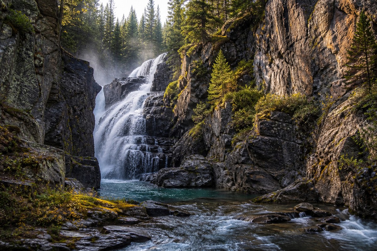 Waterfall and forest in Hyalite Canyon