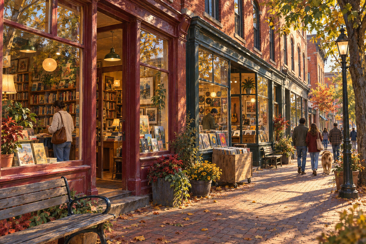 Painterly books, records, and independent storefronts in downtown Brattleboro