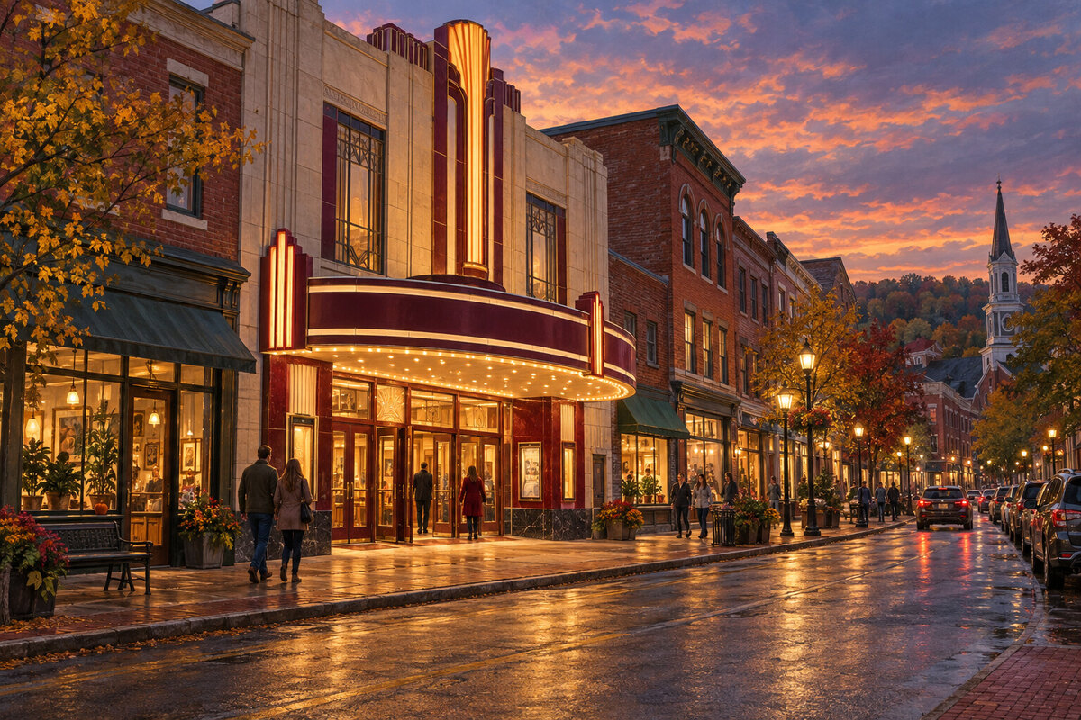 Painterly Latchis Theatre and downtown Brattleboro at evening