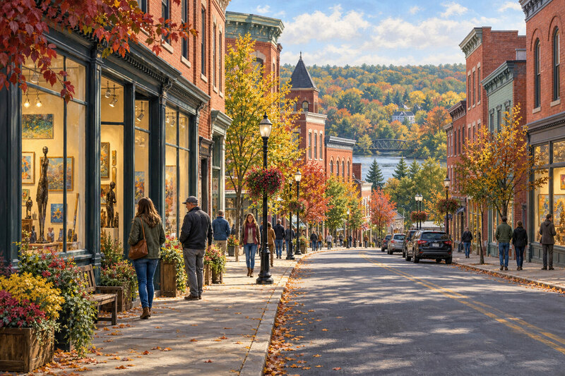Brick storefronts and arts spaces in downtown Brattleboro