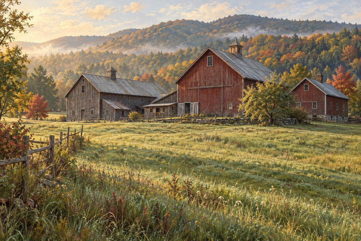 Painterly historic barns and common at Retreat Farm
