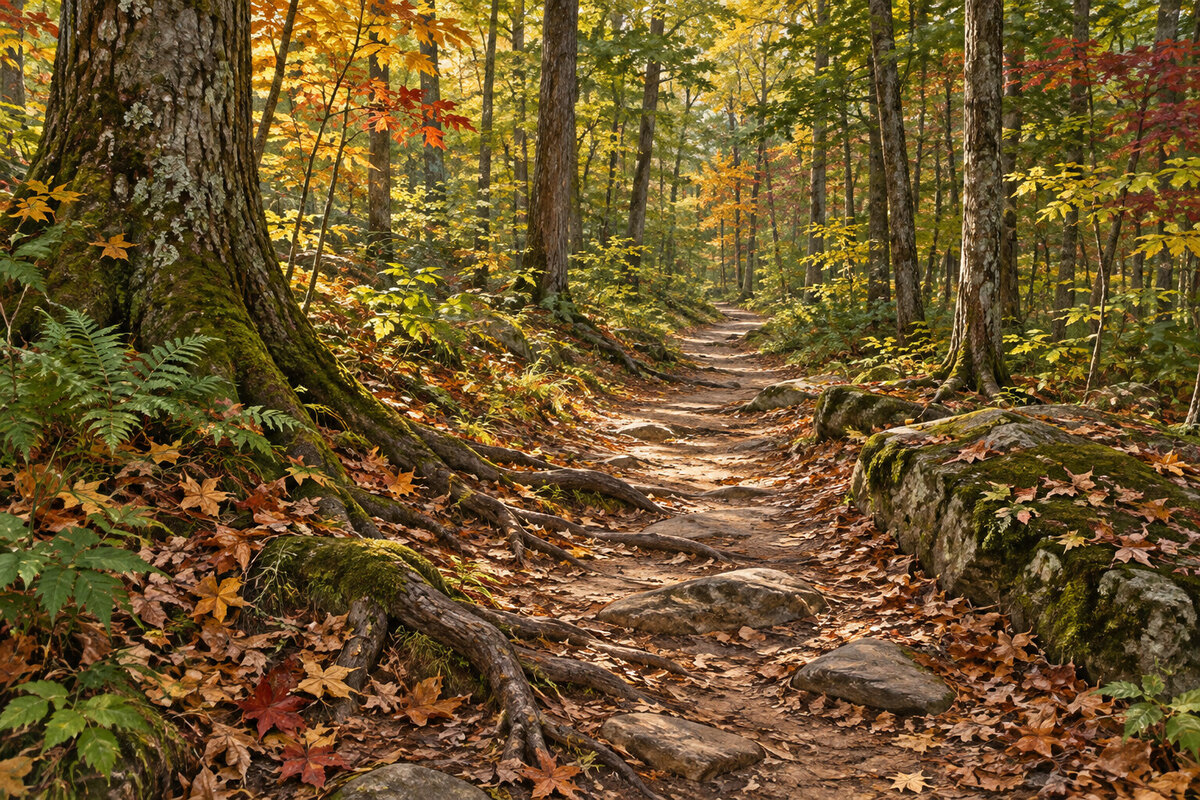 Painterly wooded trail in the Retreat Farm network