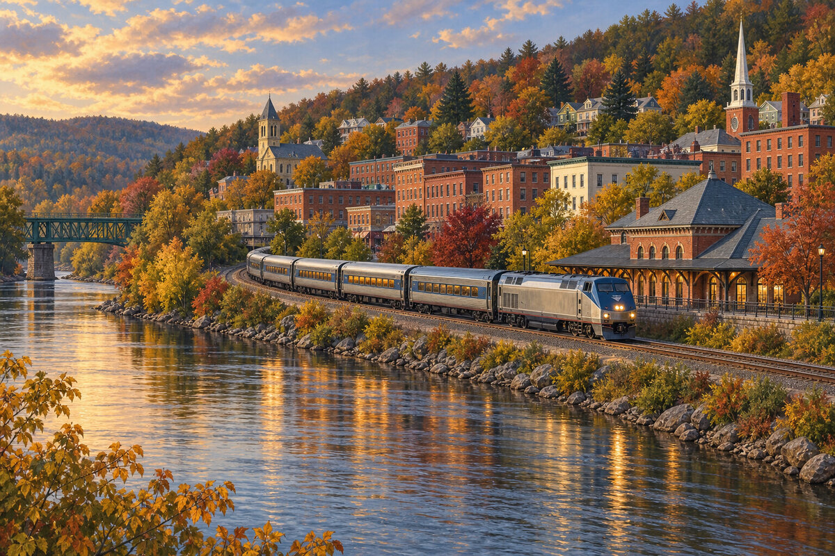 Painterly rail and river arrival below downtown Brattleboro