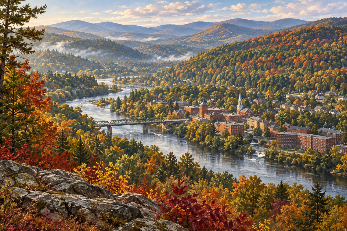 Painterly restrained autumn color in the hills around Brattleboro