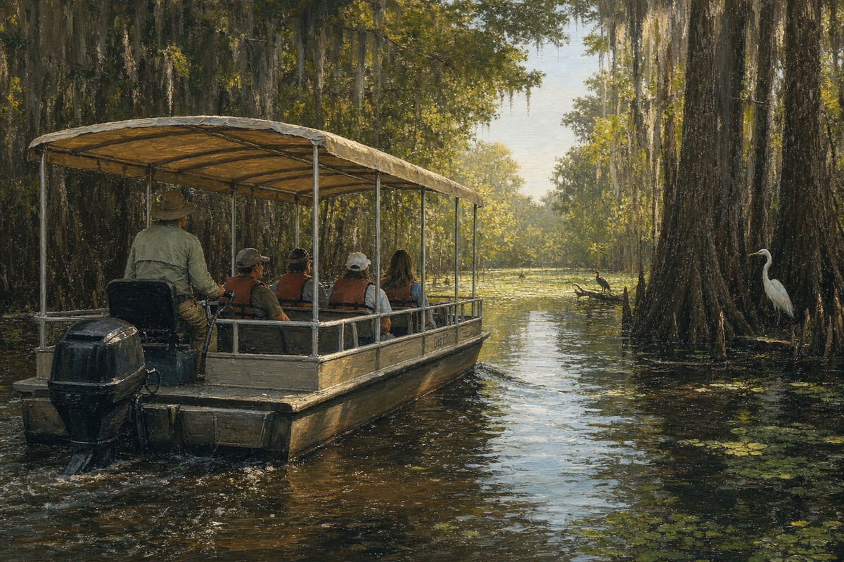 Small guided swamp boat moving slowly between cypress trunks and reflected foliage