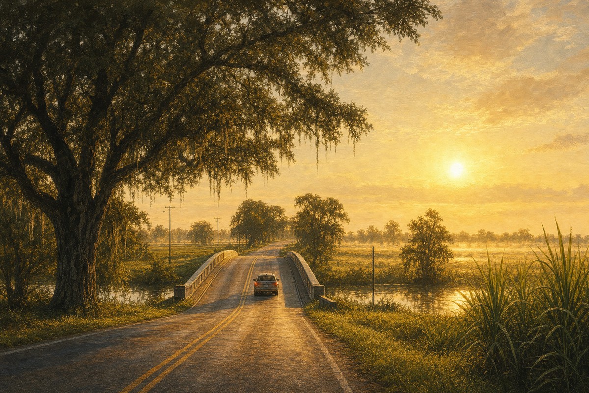 A road entering Breaux Bridge through flat green Acadiana country
