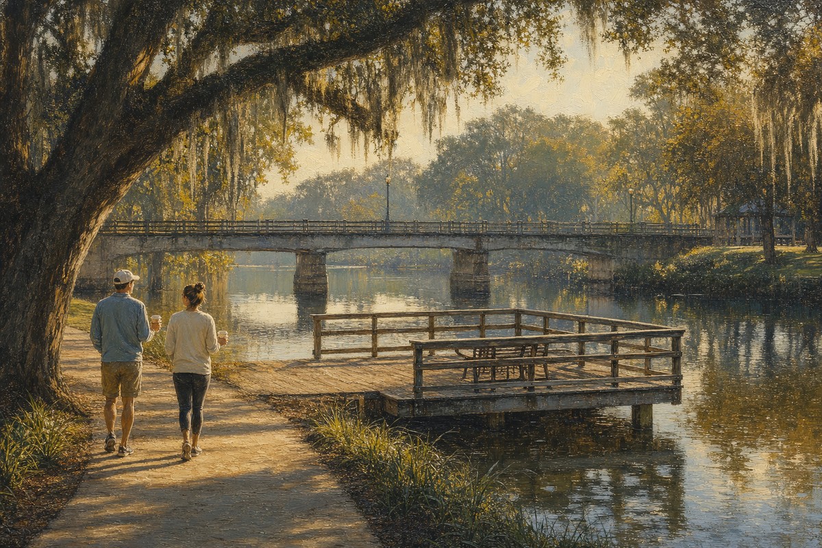 Paddlers and walkers exploring a shaded Louisiana bayou edge